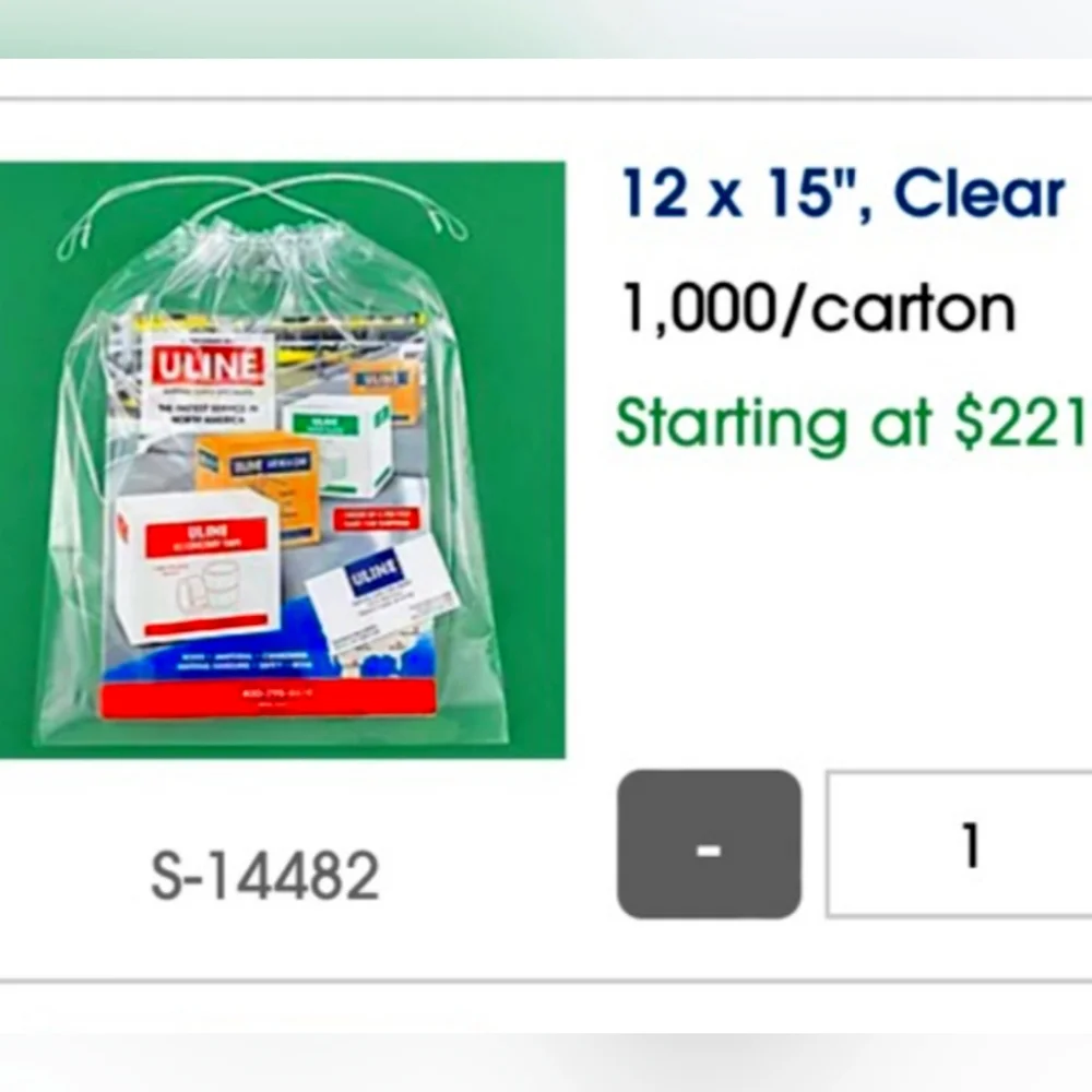 Clear Drawstring Bags NEW 2mil ULINE S-14482 Small Plastic Garbage Bag